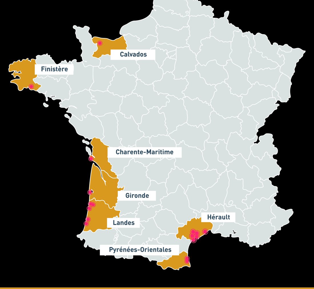Carte de France des départements où GIS Sécurité sécurise des campings